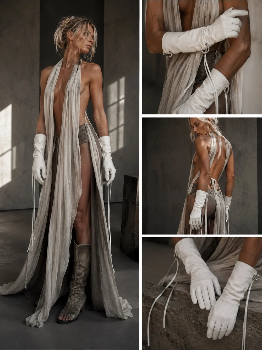 White Leather Gauntlet Gloves Silver piercings  & Leather Tassels Avant-Garde